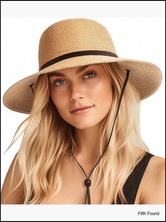 Wide Brim Straw Sun Hat with Wind Lanyard UPF 80+ Foldable Summer Beach main image 7